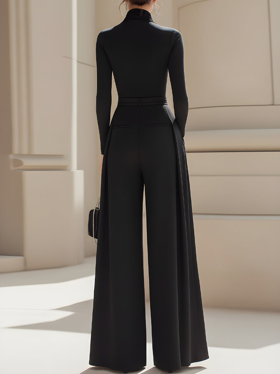 Set Coordinato Top A Collo Alto Aderente E Pantaloni Ampi Fluidi