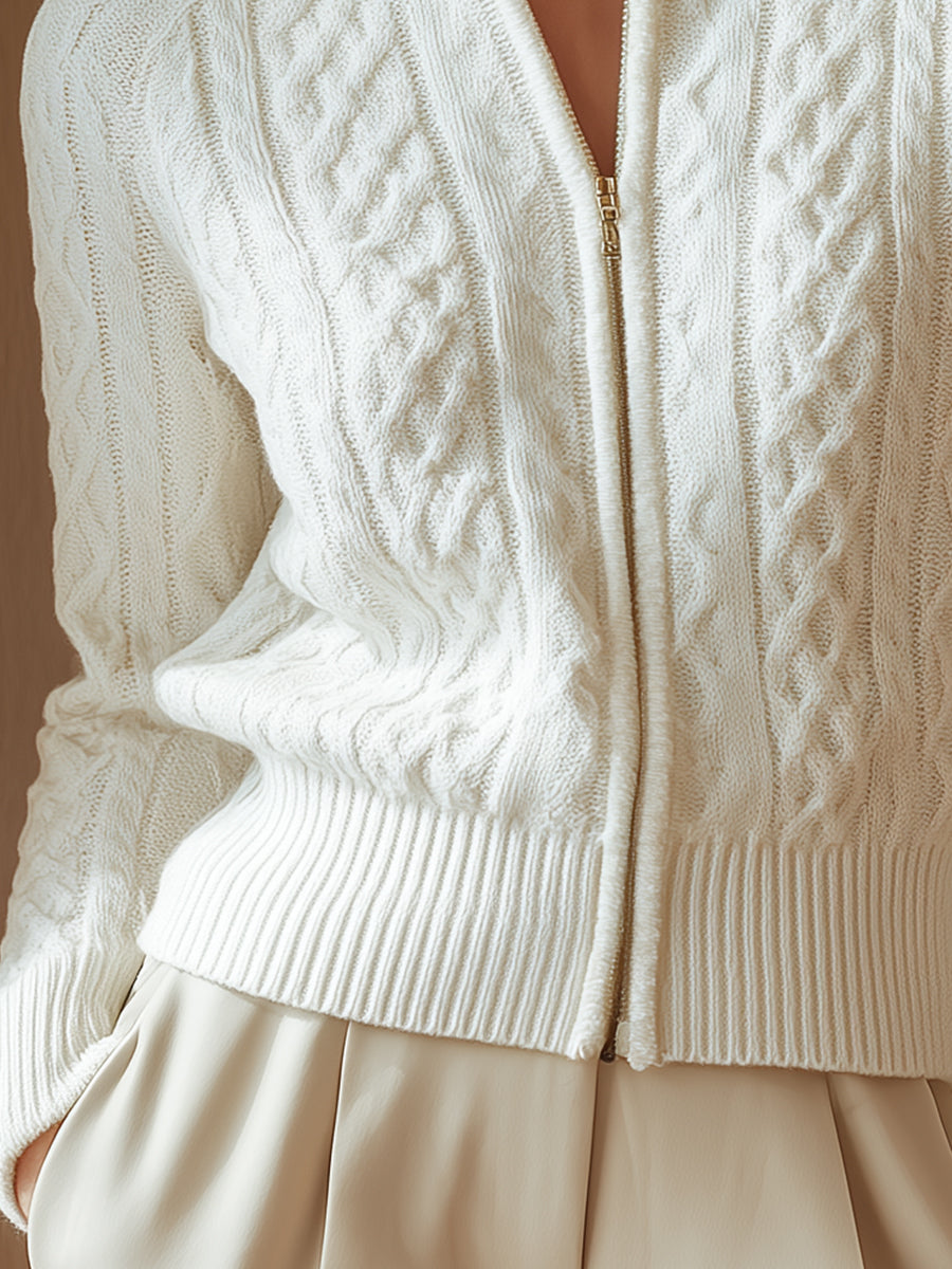 Cardigan Bianco con Cerniera a Treccia