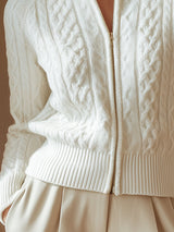 Cardigan Bianco con Cerniera a Treccia