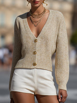 Cardigan in maglia con bottoni e filo dorato color beige champagne
