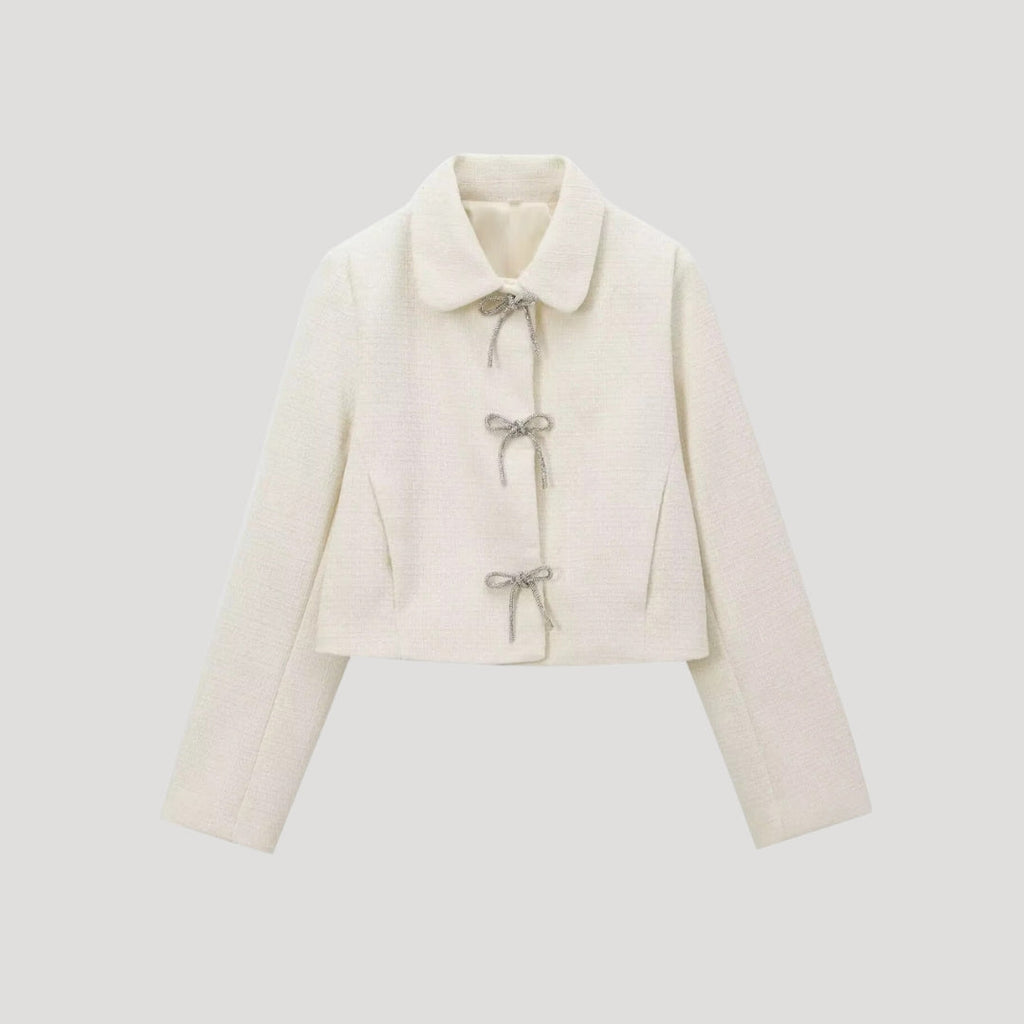 Giacca in Tweed con Fiocchi Frontali – Stile Cropped Chic