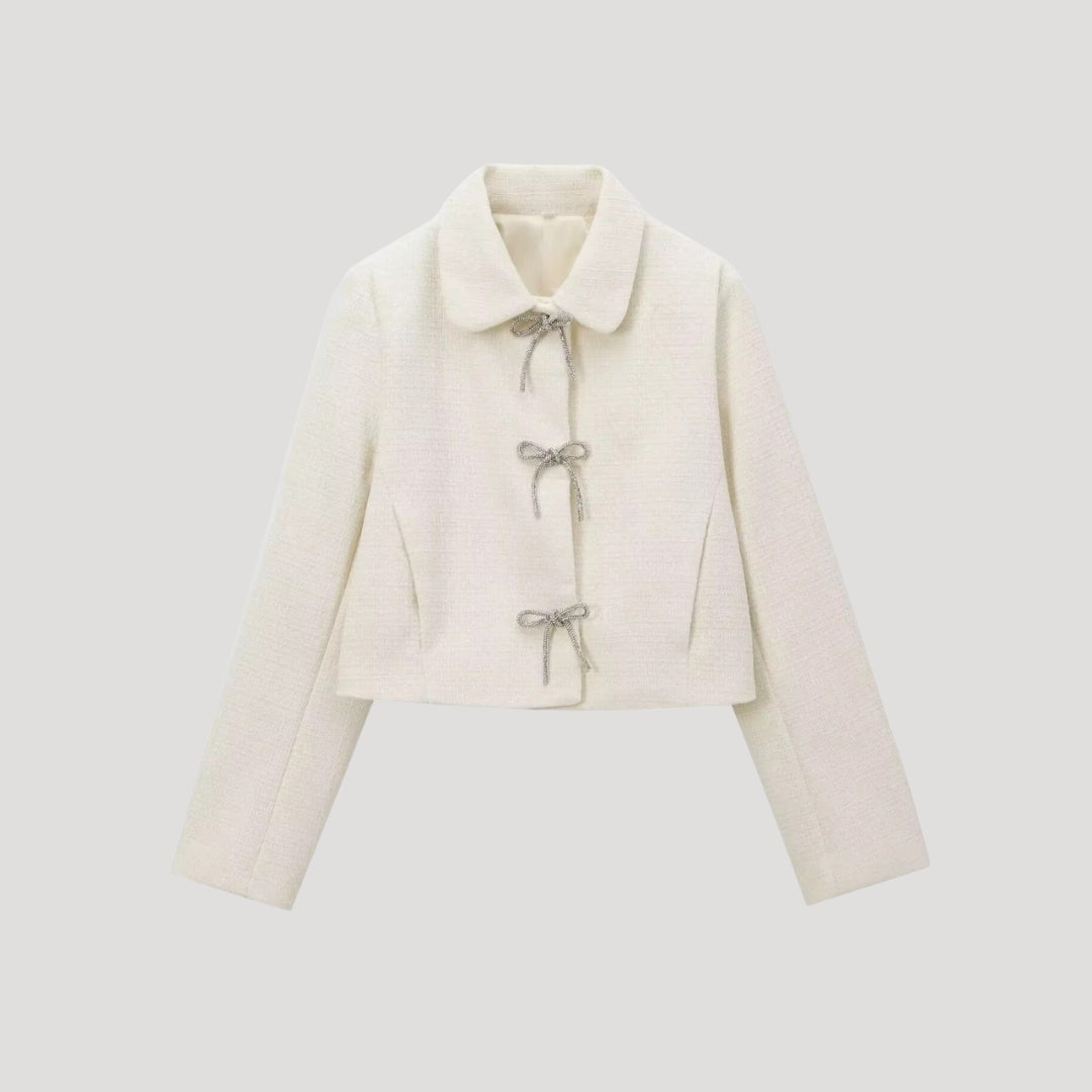 Giacca in Tweed con Fiocchi Frontali – Stile Cropped Chic